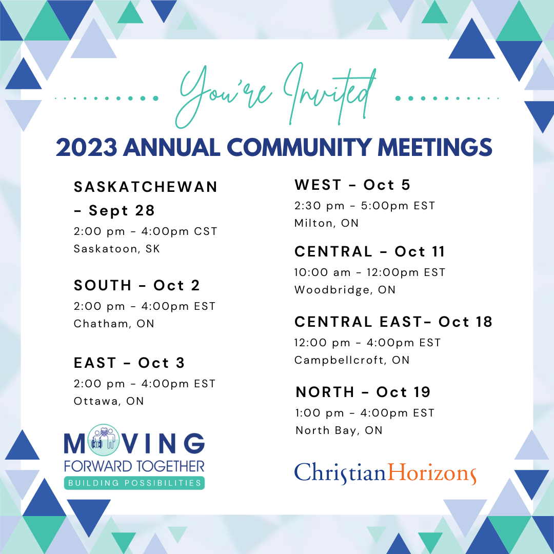 [light blue lines with triangles in the corner with different shades of blue border an invitation for 2023's Annual Community Meetings. The poster says "You're invited 2023 Annual Community Meetings" and then lists the district, date, and time for each meeting.] 